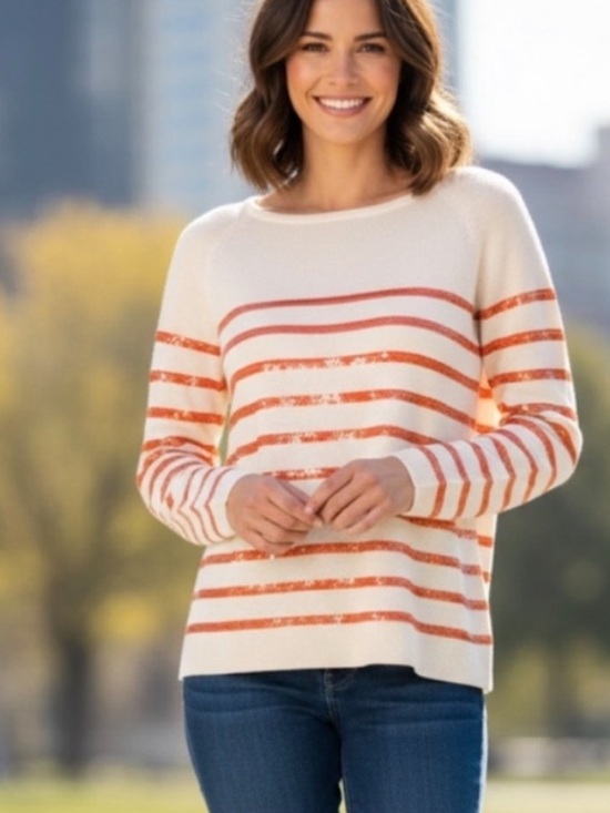 Ann Taylor Tops - Ann Taylor Viscose Blend Striped Sweater Cream Orange Sequin Texture Petite M